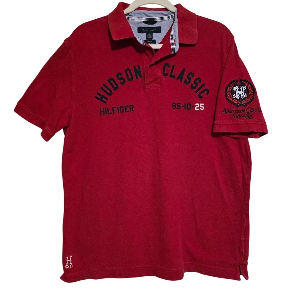 Vintage '09 Tommy Hilfiger Short Sleeve Polo Trim Fit Big Logo Large Red Blue
